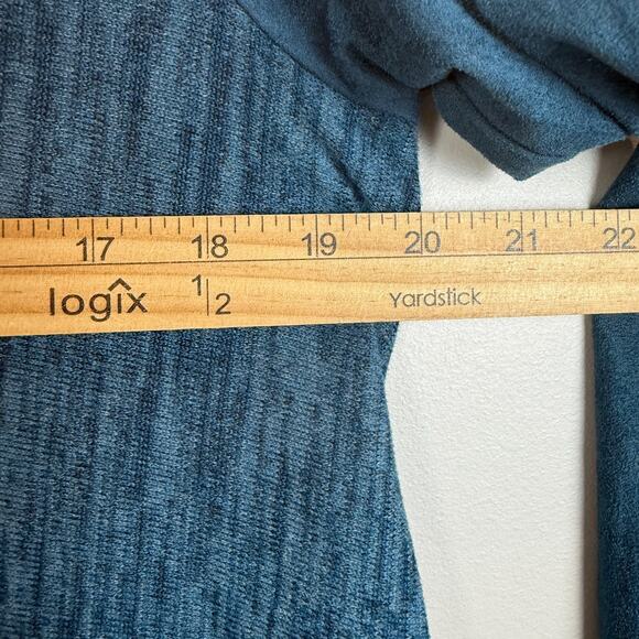 Logo Lori Goldstein Cardigan Women XS Blue Faux Suede Sleeve Asymmetric Relaxed - Picture 6 of 7